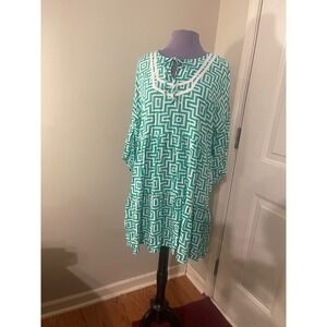 Ruby Rd Green White Geometric Print Tiered Knee Length Dress Women's Size L
